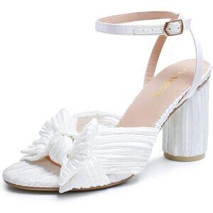 🆕Women White Ankle Strap Bowknot Chunky Wedding Party Dress Shoes Heeled Sandal